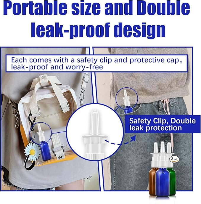 Cupohus Nasal Spray Bottle, 3 Pcs 30ML/1oz Amber,Cobalt Blue,Green Glass Refillable Fine Mist Sprayers Atomizers, Travel Sized, Empty Nasal Sprayer with Funnels and Labels