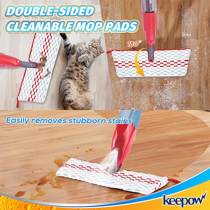 KEEPOW Mop Pads Refills Deep Clean Compatible with O-Cedar Promist Max Spray Mop Double-Side Deep Clean Washable Reusable Flip Mop Pads Replacement for Stubborn Stain Cleaning, 2 Packs