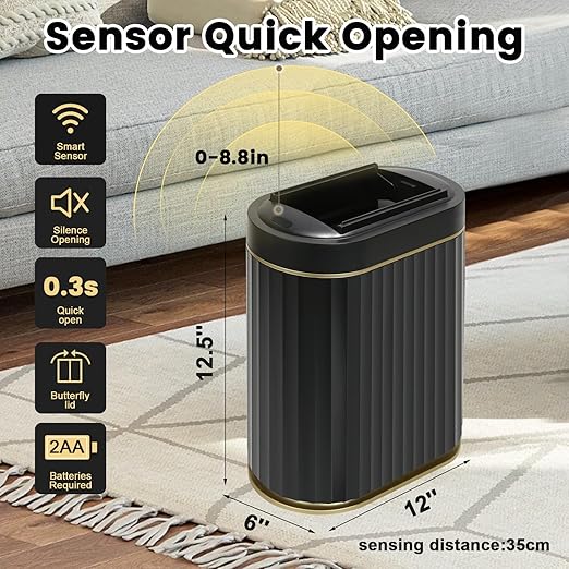 ELPHECO Bathroom Trash Can with Lid Butterfly, Motion Sensor Trash Can Bathroom Decor Automatic Garbage Can Wastebasket Bathroom Accessories, Kitchen, Living Room, Office, Black Gold