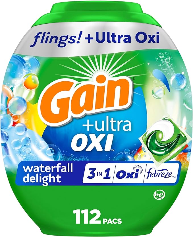 Gain flings Ultra Oxi Laundry Detergent Pacs, 112 Count, Waterfall Delight Scent, 3-in-1, HE Compatible