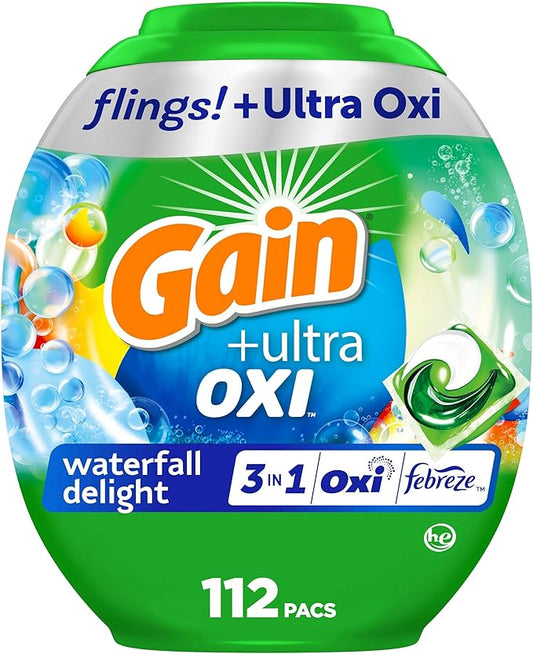 Gain flings Ultra Oxi Laundry Detergent Pacs, 112 Count, Waterfall Delight Scent, 3-in-1, HE Compatible