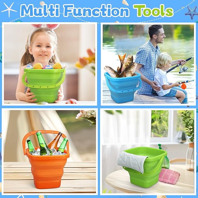 Jumbo Beach Sand Bucket Toy for Kids, 3L Collapsible Sandbox Pail, Easter Buckets, 3 Pack Multi Use Tool for Garden, Planting, Camping, Storage Fishing, Washing, Summer Holiday Travel Birthday Gifts