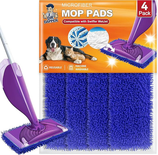 Reusable Mop Pad Wet Jet Refills Compatible with Swiffer WetJet Mop, 4 Pack Wet Jet Pads, Microfiber Mop Pad Refills for Floor Mopping and Cleaning, Wet & Dry Use for Swiffer Wet Jet Pads, Blue