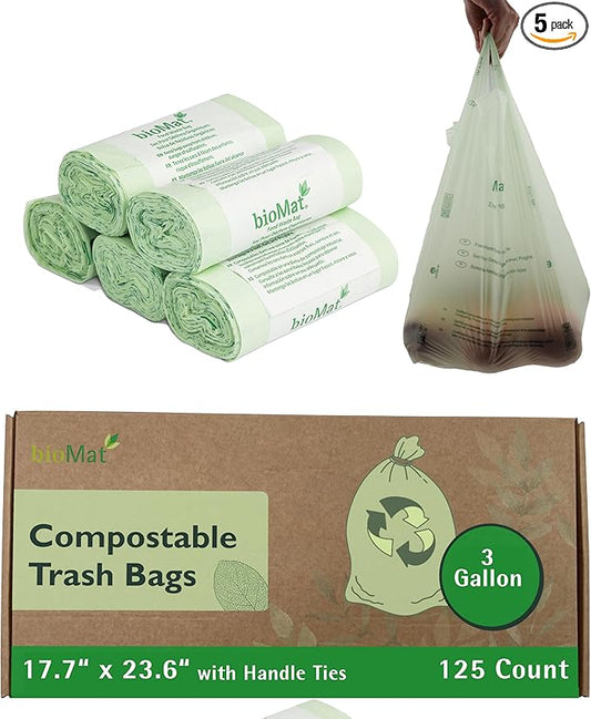 bioMat 3 Gallon Compost Bags with Handle Ties, 125 Count, Compostable Trash Bags BPI ASTM D6400 and CMA Certified