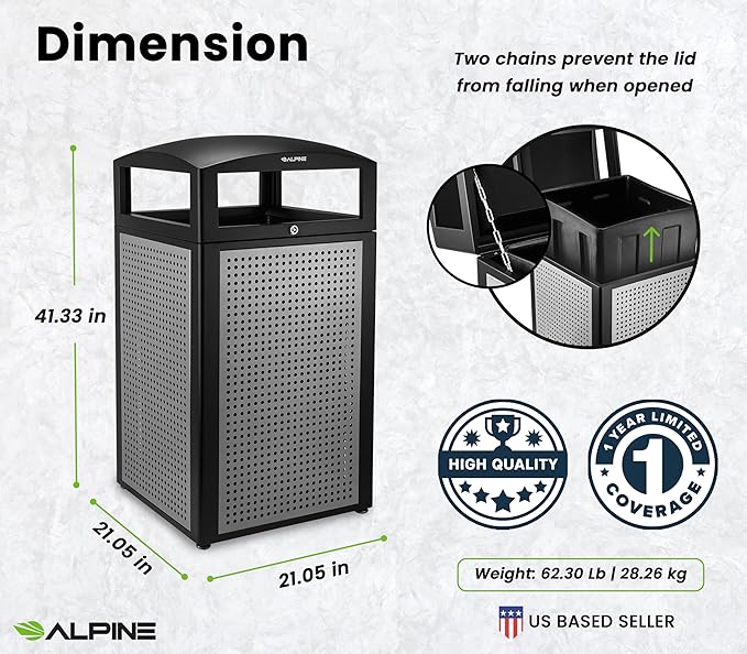 Alpine Outdoor Commercial Trash Can with Lid - 40 Gallon Heavy Duty Metal Garbage Can with Removable Bin, Locking Lid for a Modern Look in Parks, Malls, Parkings & High Traffic Areas (Black & Grey)