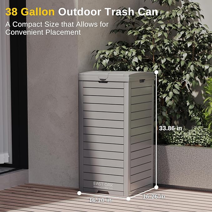 EAST OAK 38 Gallon Outdoor Trash Can | Waterproof Resin Garbage Can with Tiered Lid & Drip Tray | Outside Trash Bin for Patio | Kitchen, Backyard & Deck | Gray Color