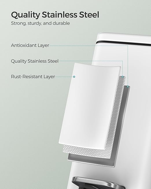 SONGMICS Bathroom Trash Can, 1.3 Gallon (5 L) Small Trash Bin with Lid, Slim for Small Spaces, Stainless Steel Garbage Can, Soft Close, White ULTB560W05