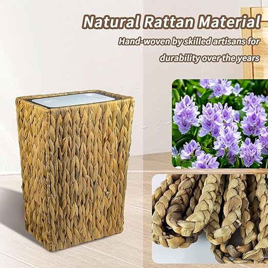 Wicker Trash Can,3 Gallon Wicker Waste Basket,Boho Handwoven Trash Can with Lid for Kitchen Bathroom Office