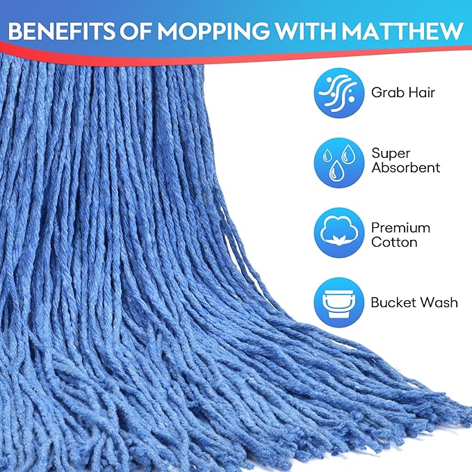Matthew Cleaning 24oz 3Pack Cotton Floor Mop,Cotton Looped-Open String Heavy Duty String Refills, Universal Headband Blend ,Mop Head Replacement for Home, Industrial and Commercial Use(Blue)