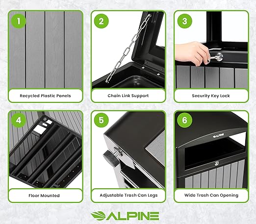 Alpine 40 Gallon Commercial Outdoor Trash Can with Lid - Modern Heavy Duty Large Outdoor Garbage Can with Durable Plastic Bin, Slatted Recycled Plastic Panels for Patio, Parks, Trails & Resorts (Grey)