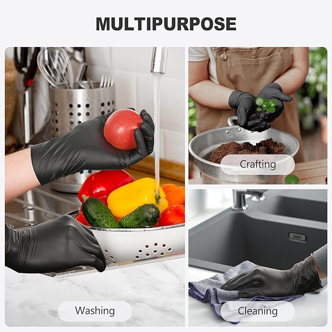 Black Vinyl Gloves, Food Grade Gloves Disposable Latex Free & Powder Free, Guantes for Cleaning Cooking Food Prep