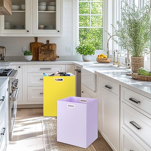 Whaline 12Pcs Pastel Disposable Trash Cans with Built-in Handles Purple Yellow Pink Blue Paper Garbage Can Waterproof Layer Recycling Bins for Home Kitchen Office