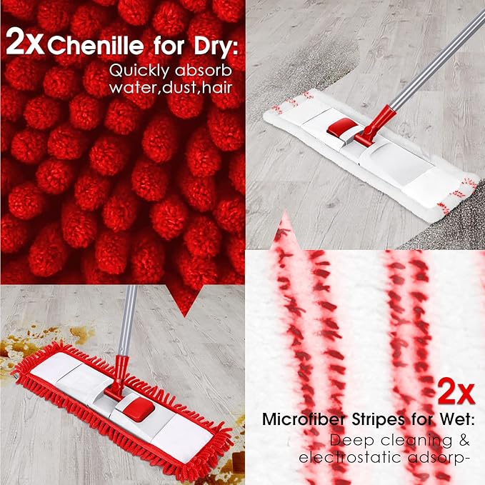 MASTERTOP Microfiber Mop for Floor Cleaning, Flat Dust Mop for Home and Kitchen, Adjustable Stainless Steel Handle with 4 Washable Mop Pads, Hardwood Floor Mop for Wood, Vinyl, 1 Cleaning Scraper