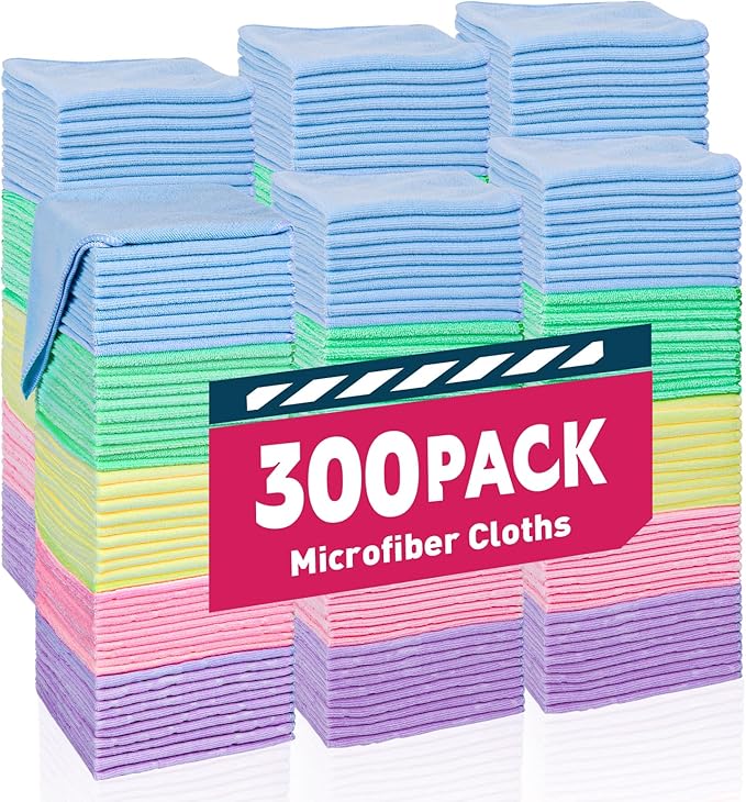 Microfiber Towels Bulk-300 Pack, Cleaning Cloths, Microfiber Towels for Cars, Cleaning Rags 5 Colors Assorted (12x12 inches)