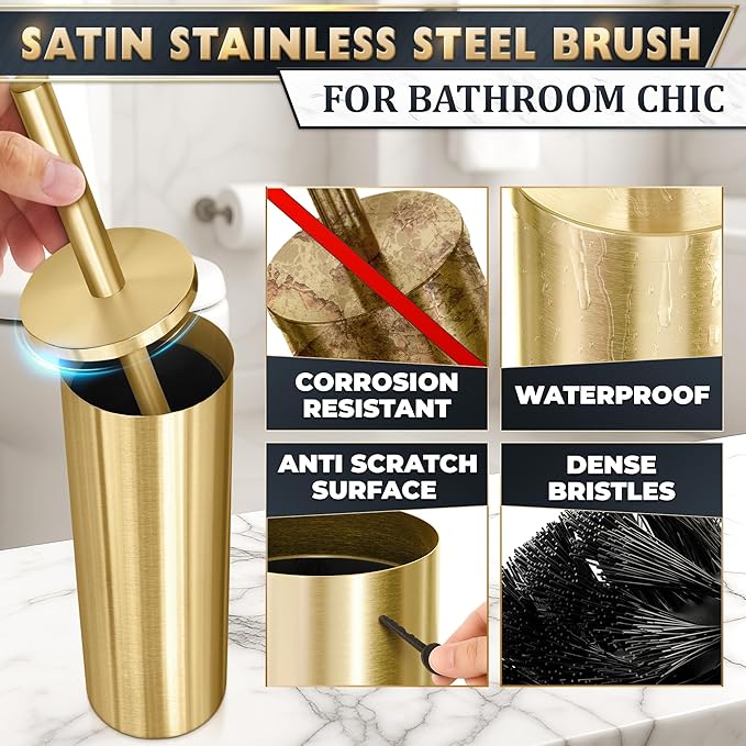 Gold Toilet Brush and Holder Set - Brushed Stainless Steel Gold Toilet Bowl Brush and Holder with Replacable Head, Removable Inner Bowl, and Splash Protection - Dense Bristles for Through Cleaning