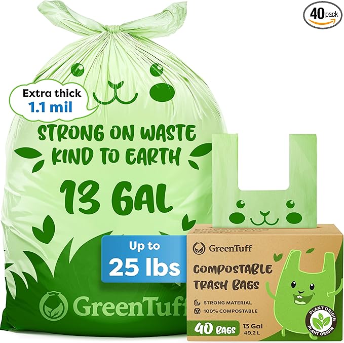 13 Gallon Compostable Trash Bags (40 Count) — Leakproof Plant-based Thick (1.1 Mil) Tall Kitchen Garbage Bags — ASTM D6400 BPI Certified — Heavy-Duty Large Food Scrap Liner Bag with Handle-Tie