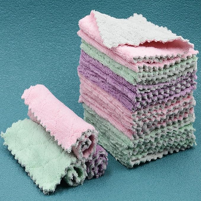24PCS Kitchen Dishcloth, Microfiber Washcloth, Soft Cleaning Cloths, Coral Fleece/Lint Free/Absorbent/Quick Dry/Nonstick Oil Rags, Reusable Washable Tea Towel, 6''x10''(Mixcolor)