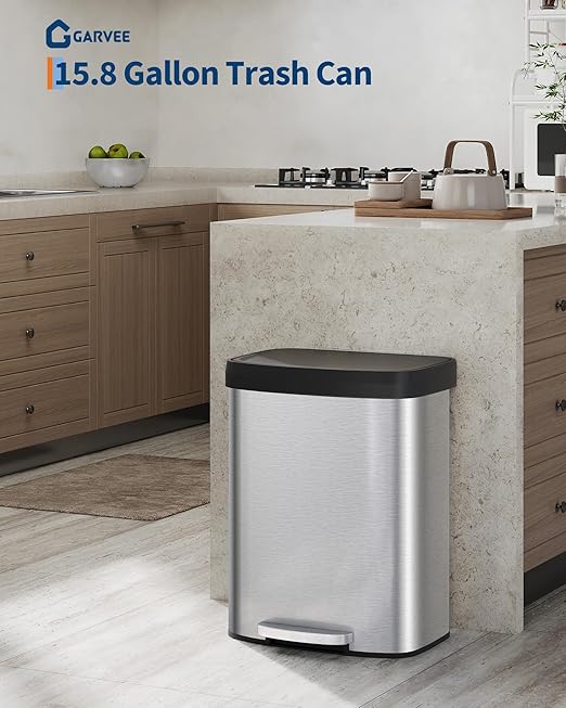 Garvee 16 Gallon / 60 Liter Stainless Steel Trash Can with Lid, Large Garbage Can for Kitchen, Rustproof Step-on Kitchen Metal Trash Bin with Liner Rim, Rear Handle, Soft Close Plastic Lid, Silver