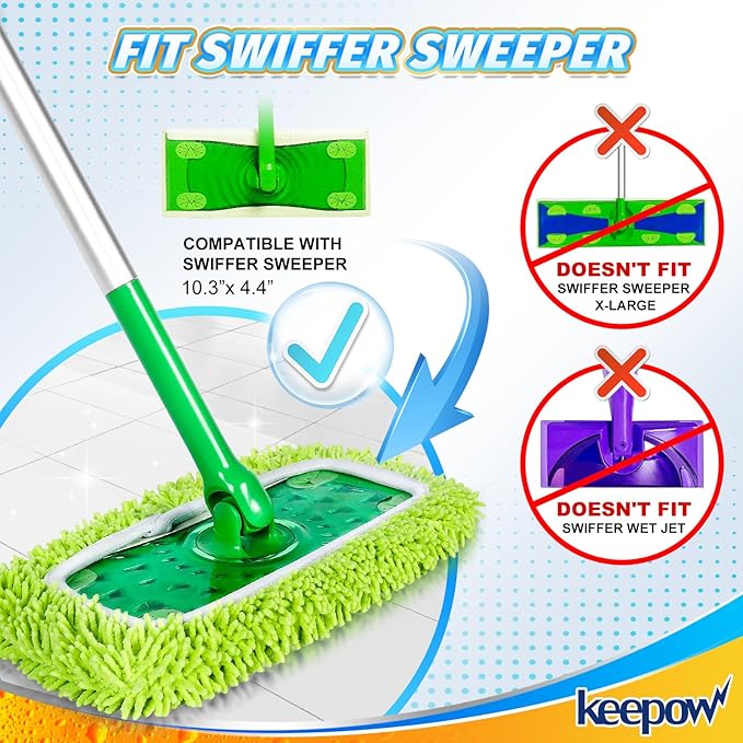 KEEPOW Reusable Dry Sweeping/Wet Mopping Cloths Compatible with Swiffer Sweeper, Washable Microfiber Mop Pads Refills for Hard-Surface/Hardwood Floor Cleaning, 4-Pack (Mop is Not Included)