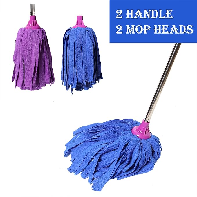 2 Mops, 59-Inch Traditional Mops for Floor Cleaning: Wet & Dry, with 2 Long Handles & 2 Mop Heads