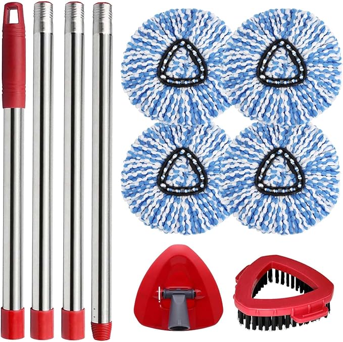 Small Spin Mop Replacement Head for O Cedar RinseClean 2-Tank System, 4 Fluffy Microfiber Mop Refills with 1 Small Base & 1 Scrubber Head & 30-58in Mop Handle, Deep Clean, Machine Washable