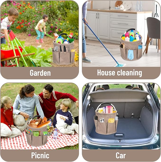 Cleaning Caddy with Handle, 17L Cleaning Supply Caddy Foldable Bucket Organizer Cleaning Products Organizers Cleaning Tools Bag 4.5 Gallon (Khaki)