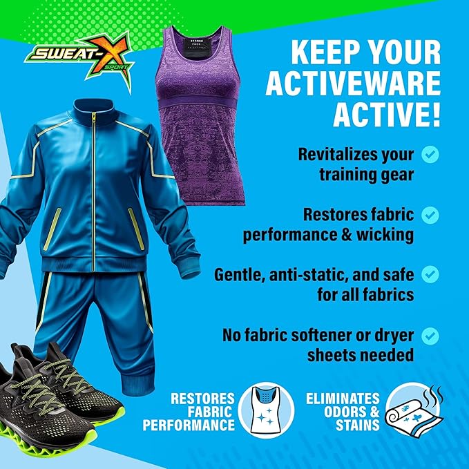 Sweat X Free & Clear Activewear Laundry Detergent – Certified Asthma & Allergy Friendly® – Hypoallergenic – Removes Toughest Stains & Odors – High-Performance Sports Wash – 45 Loads/Bottle – 2 Pack