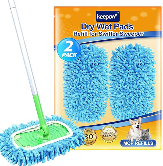 KEEPOW Reusable Microfiber Mop Pads Compatible with Swiffer Sweeper & Mop Deluxe 2-in-1, Wet & Dry Mopping Cloths for All Floors, Compatible with Swiffer Dry Sweeping Cloths for Cleaning (2 Pack)