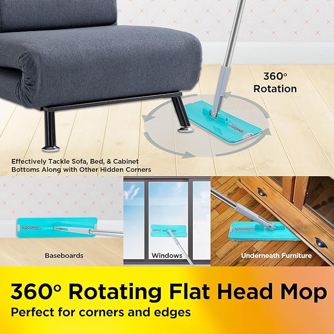 Spotzero by Milton Flat Mop and Bucket with Wringer Set, 5L – 360° Spin Mop for Floor and Wall Cleaning, Adjustable Handle, Easy Wring System, Includes 2 Reusable Microfiber Pads