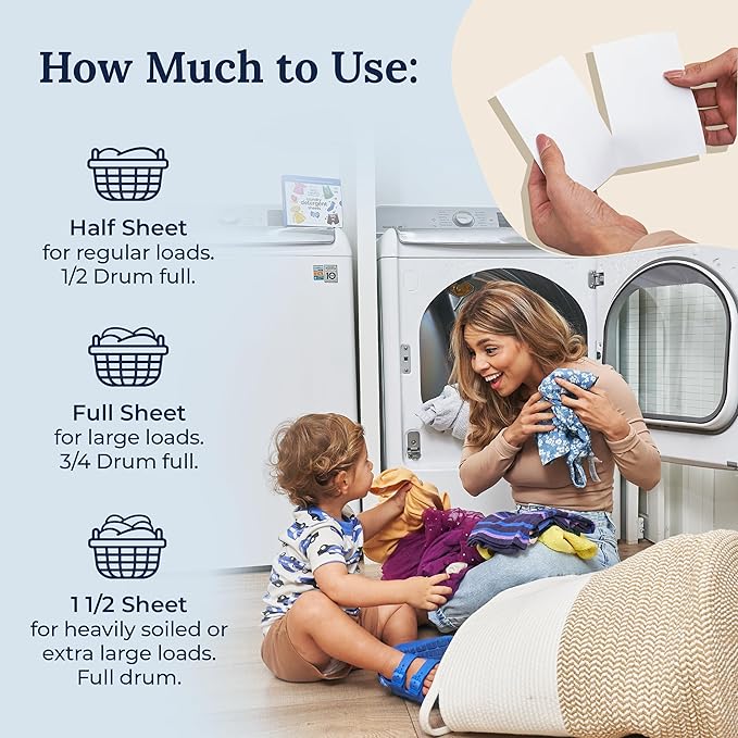 Miss Mouth's Messy Eater Laundry Detergent Sheets - Laundry Detergent, Hypoallergenic, Sensitive Skin Safe, Pediatrician and Dermatologist Tested, Fragrance Free, Travel Friendly, 60 loads