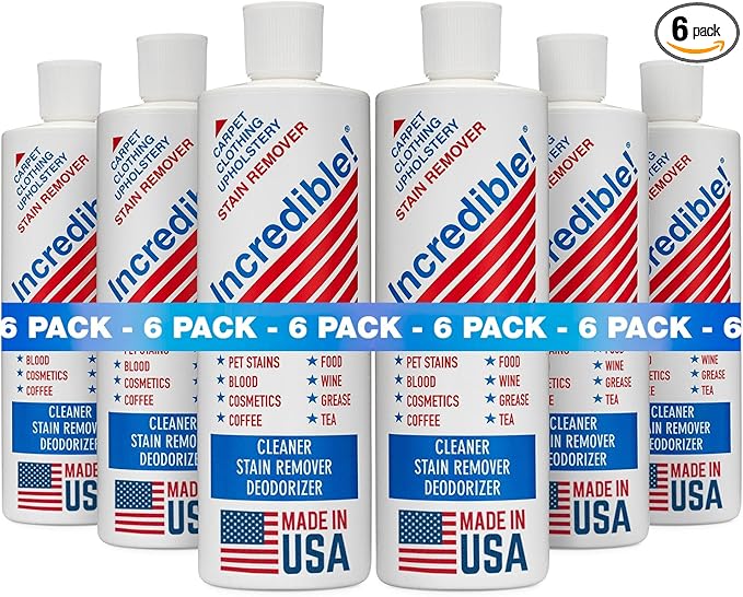 INCREDIBLE! Stain Remover - Commercial Pack Quantity, Professional Stain Cleaner For Carpets, Fabric, Linen, Laundry, Mattress, Car Upholstery – Pet Stains, Urine, Blood, Red Wine, 16.oz, Pack of 6