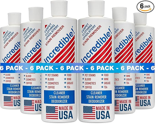 INCREDIBLE! Stain Remover - Commercial Pack Quantity, Professional Stain Cleaner For Carpets, Fabric, Linen, Laundry, Mattress, Car Upholstery – Pet Stains, Urine, Blood, Red Wine, 16.oz, Pack of 6