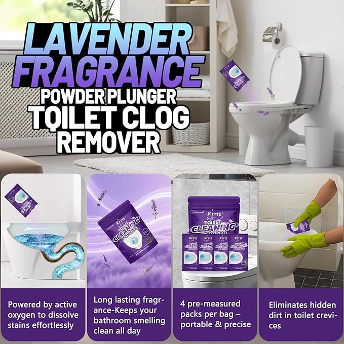 Toilet Bowl Cleaner Powder - Self-Activating Toilet Cleaner for Stubborn Stains & Limescale, Deep Cleaning Foam with Lavender Fragrance, Safe Toilet Cleaning Supplies (4 Packs × 3 oz)