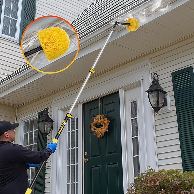 5-to-12 Foot Cobweb Duster with Extension Pole, 20 Ft High Reach and 2 Replaceble Spider Web Brush Heads, Heavy Duty for Indoor & Outdoor Use