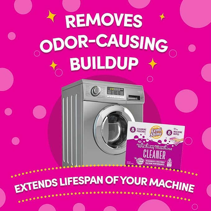 Lemi Shine Washing Machine Cleaner - Hard Water Citric Acid Cleaning Powder - Includes Machine Cleaning Wipes - 16.88 oz (8 Pack)