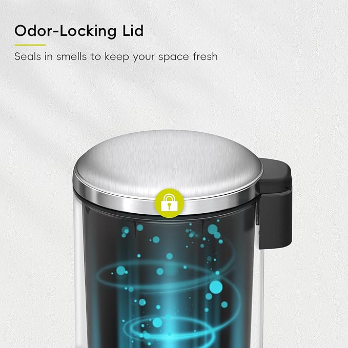 EKO Serene 5L / 1.32 Gallon Step Trash Can with Lid, Small Stainless Steel Round Garbage Can with Removable Inner Bucket, Compact Bin for Powder Rooms, Offices & Tight Bathroom Spaces.