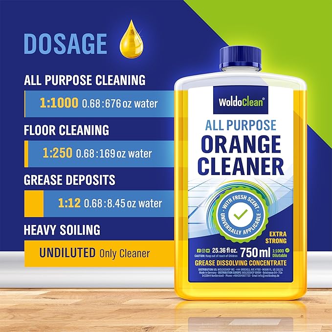 WoldoClean Orange Oil Cleaner Concentrated 25.36 fl oz (1 : 1000) - makes up to 200 Gallons Multi-Use Adhesive & Grease Remover, Custom-Dilution Citrus Degreaser for Floors, Kitchen & Bath