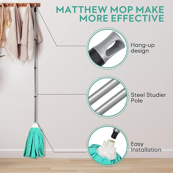 Matthew Microfiber Cloth Mop Compatible with Ceda Microfiber Cloth Mop Refill Commercial Replacement 54" Stainless Steel Handle with 2 Wet Mop Heads w/1 Handle Incl.2Pcs Microfiber Towels-Green
