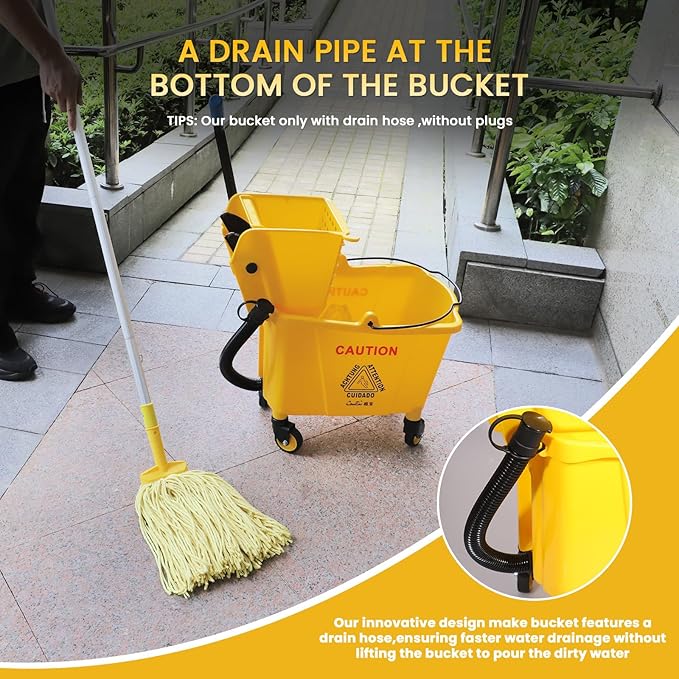 35-Qt Side Press Wringer Combo Commercial Floor Cleaning Rectangular Mop Bucket on Wheels, Yellow,Add One Commercial Mop and One Mop Head Replacement