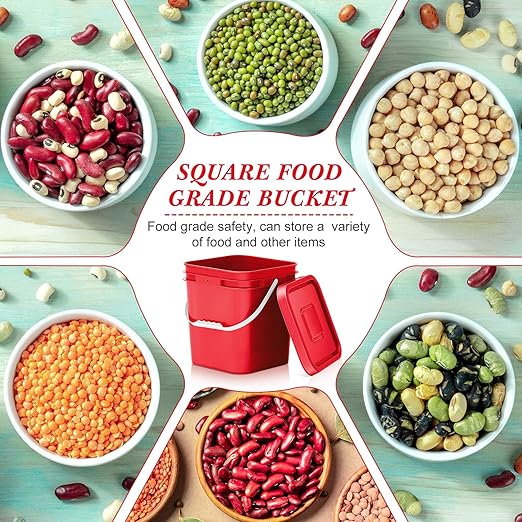 Mumufy 5 Pcs 3.5 Gallon Square Food Grade Bucket with Lid Square Bucket Pail with Plastic Handles for Storing Dry Food, Charcoal, Camping, Fishing (Red)