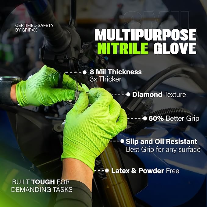 Herkules Grip Heavy Duty 8Mil Green Nitrile Gloves,3D Raised Diamond Texture-Latex & Powder Free-Industrial, Mechanic | Bulk Case of (1000 CT)