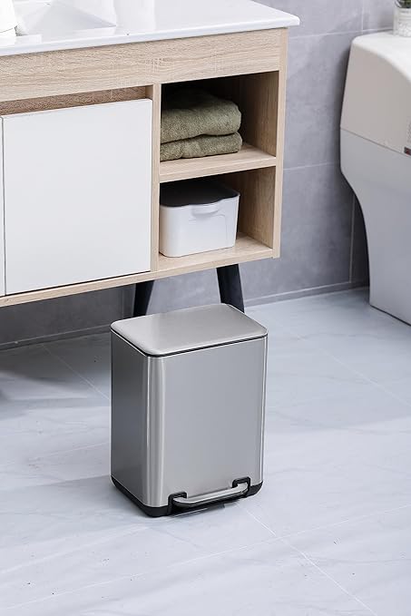 SunnyPoint 6 Liter(1.58 Gallon) Small Trash Can with Plastic Inner Buckets; Rectangle Bathroom, Office, Kitchen, and Bedroom Step On and Slow Close (S.N)