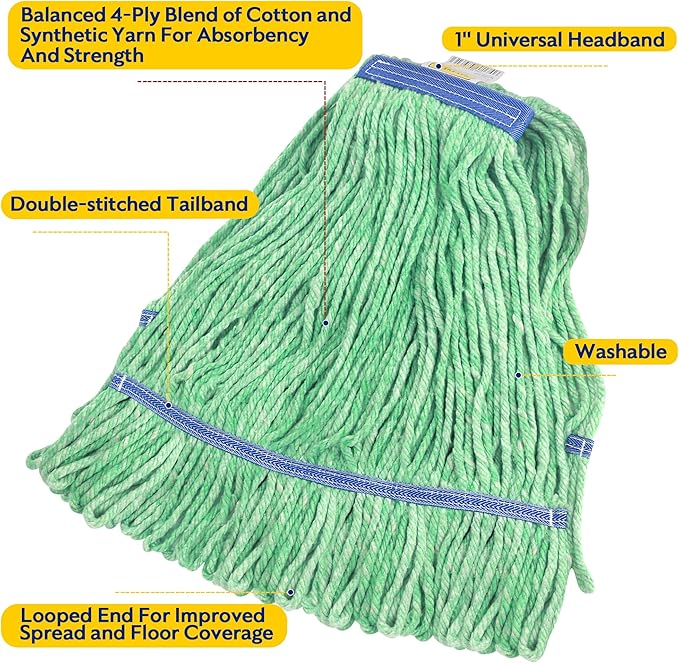 Matthew Cleaning Heavy Duty Mop Head Commercial Replacement for General and Floor Cleaning , Wet Industrial Blue Cotton Looped End String Head Refill (Case of 36) Green