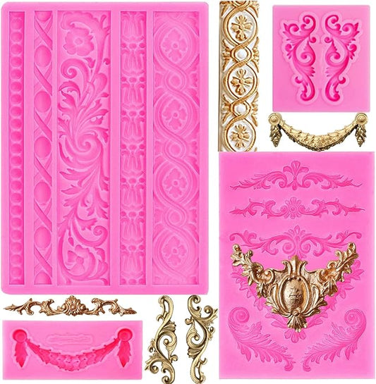 Rainmae 4 Pcs Baroque Fondant Silicone Molds, Relief Flower Lace Chocolate Mould, Scroll Lace Clay Mold, Filigree Mold 3D Sculpted Decoration, Cupcake Topper, Jewelry, Polymer Clay, Crafting Projects