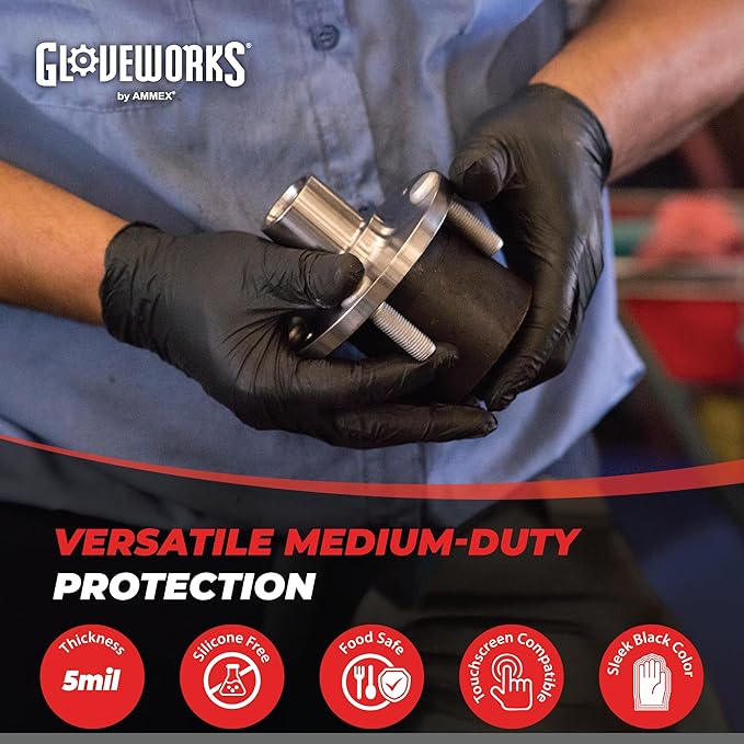 GLOVEWORKS Black Nitrile Gloves Disposable Latex Free, 5 Mil Industrial, For Mechanic, Cleaning, Cooking, Kitchen, Food Grade