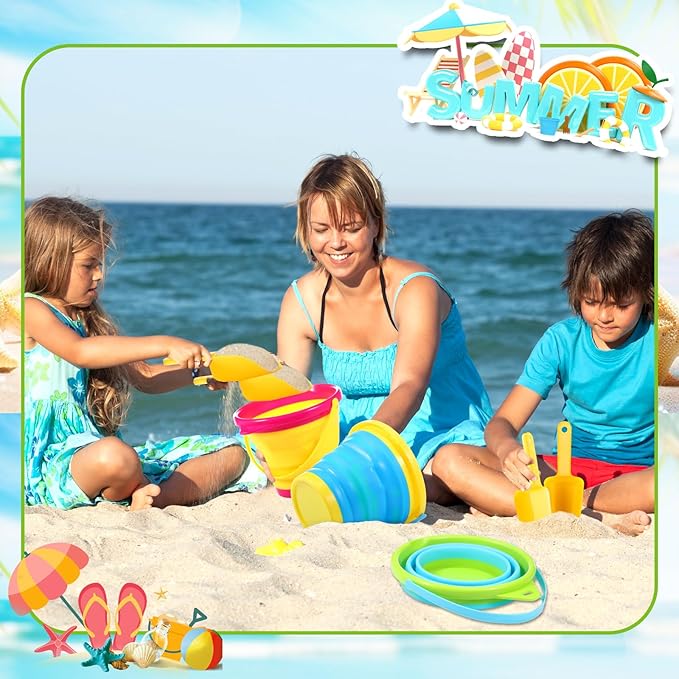 Realspring 3 Sets Collapsible Sand Buckets with Shovels Foldable Pail Buckets for Kids 2.5 l Colorful Collapsible Beach Toys Bulk for Summer Beach Party Outdoor Activity