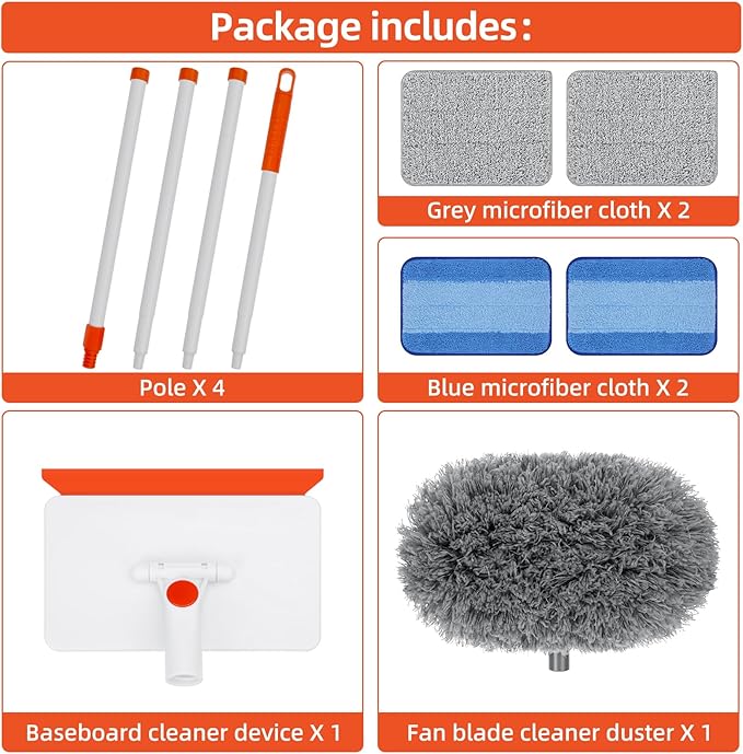 Baseboard Cleaner Tool with Handle, Extendable Long Handle Baseboard Cleaning Duster with Reusable Pads for Floorboard, Ceiling Fan Blade Cleaner Duster (Gray)