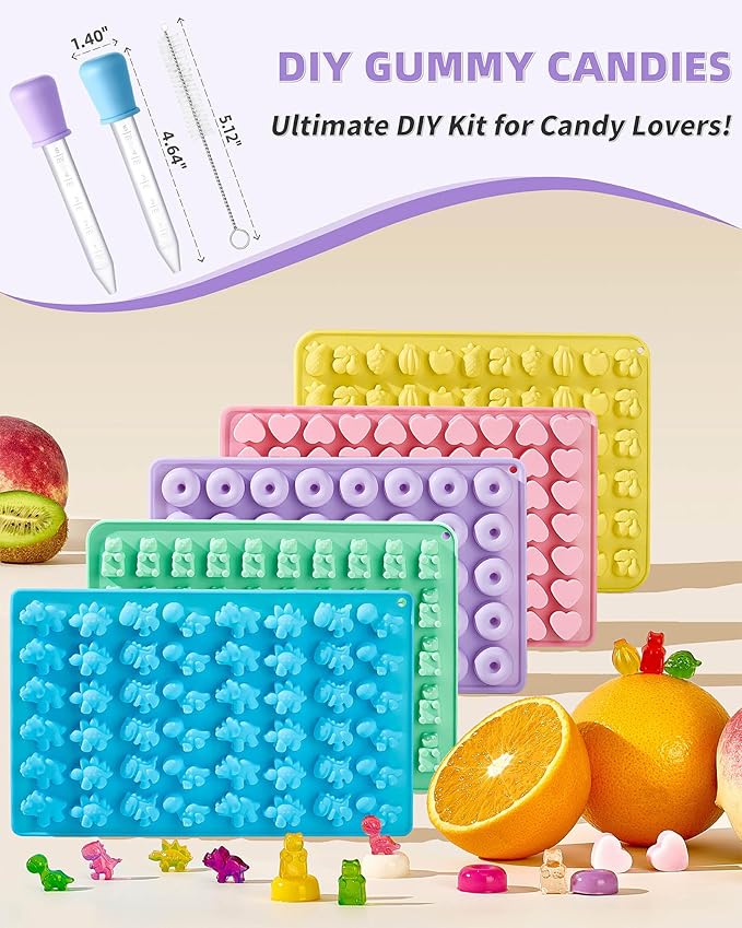 Silicone Gummy Molds Set of 5, Non-stick Candy Chocolate Molds with 2 Droppers 1 Clean Brush, Includes Dinosaur Bear Donut Fruit Heart Shape