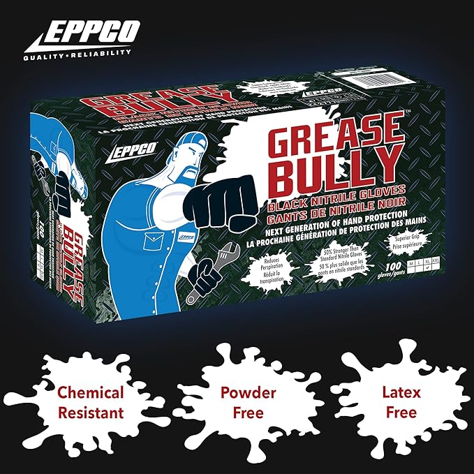 EPPCO Grease Bully 6-Mil Black Nitrile Gloves Disposable Powder Free, Latex Free Textured Superior Grip Glove for Mechanics