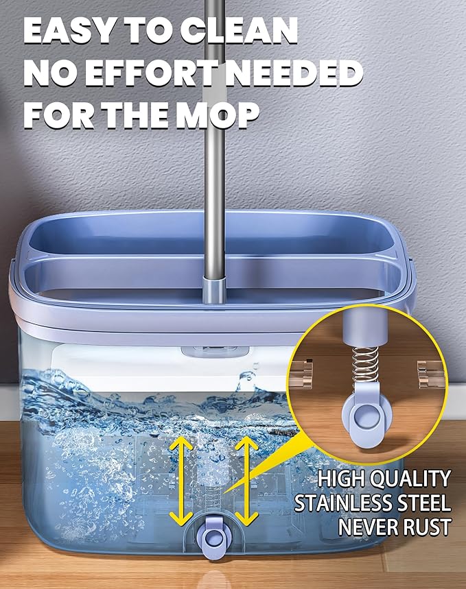 Flat Microfiber Mop and Bucket Set with Wringer, 360° Spin Mop for Floor & Wall Cleaning, 17.7x9in Wide Head, 2 Washable Pads, Hands-Free